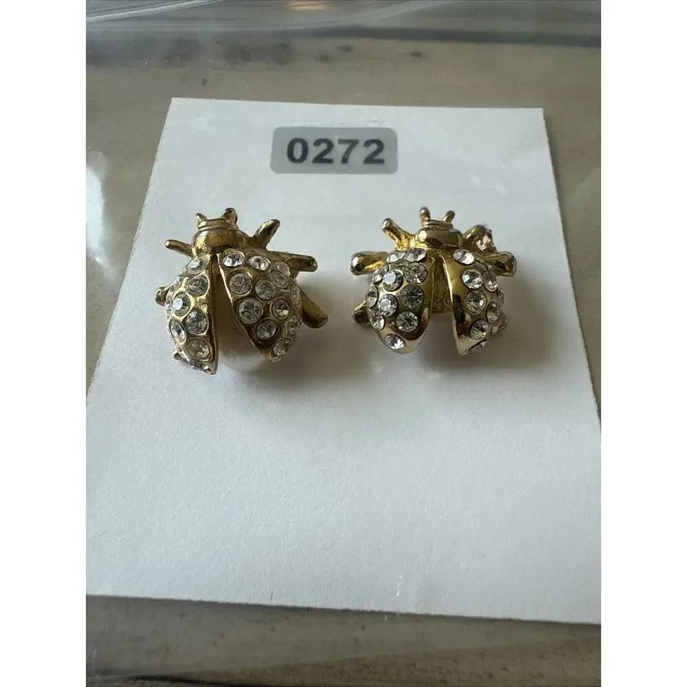 Two Ladybug Scatter Pins LOOK READ Gold‎ Tone Rhinestone One Pearl Stone Missing